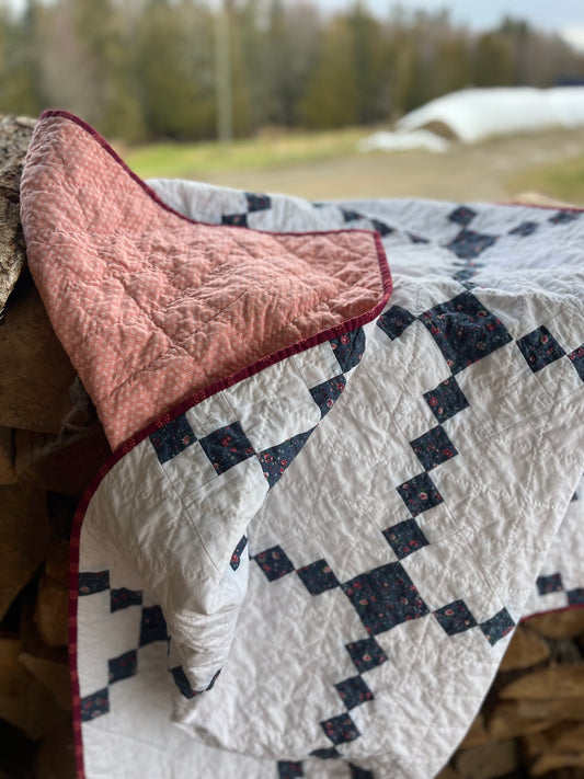 irish chain blanket—blue, white, & pink